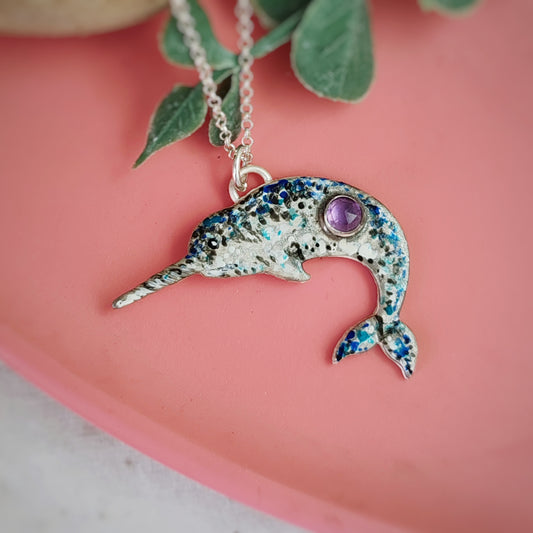 Hand Painted Narwhal Necklace