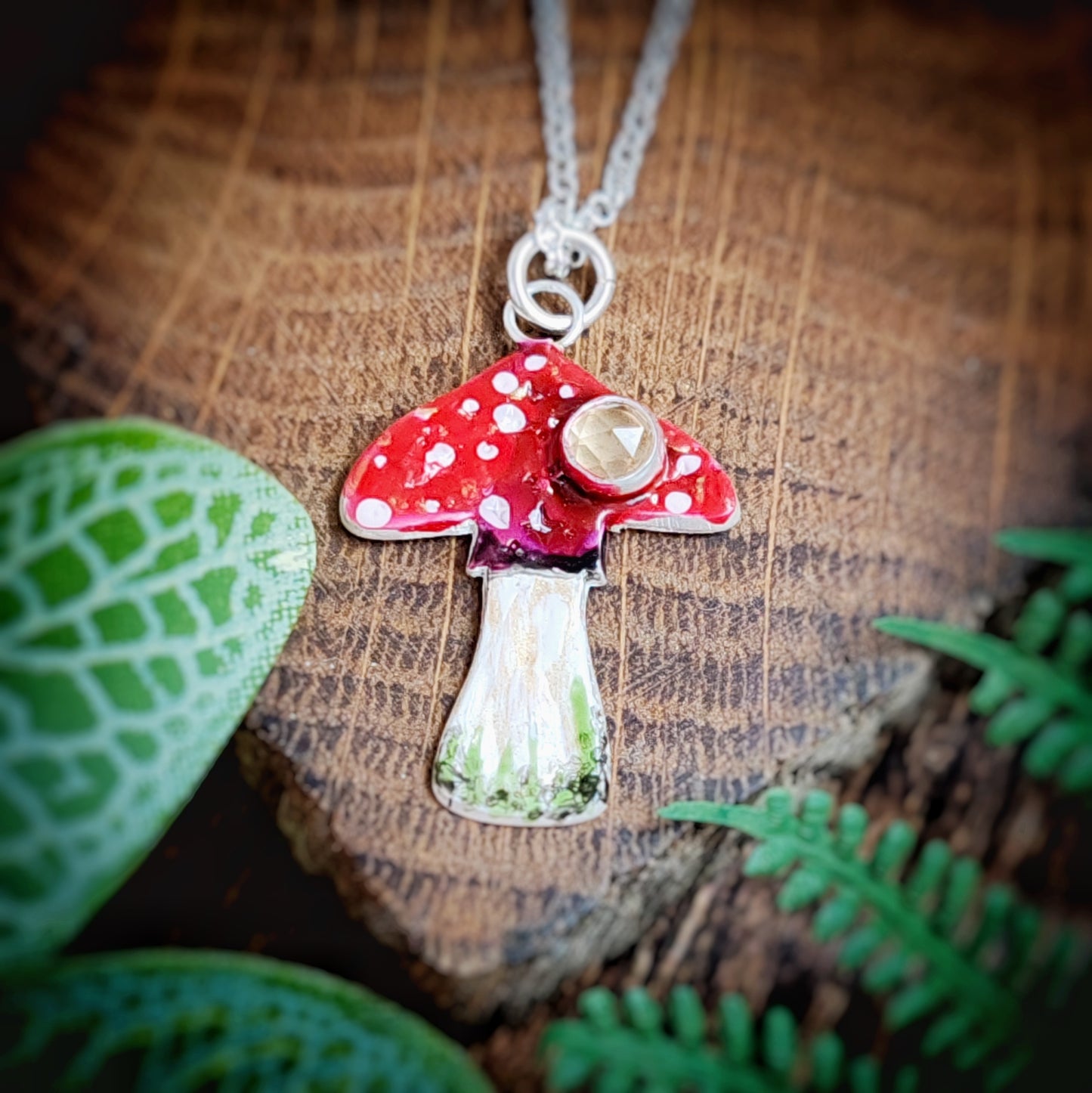 Red And White Mushroom Necklace with Citrine Gemstone