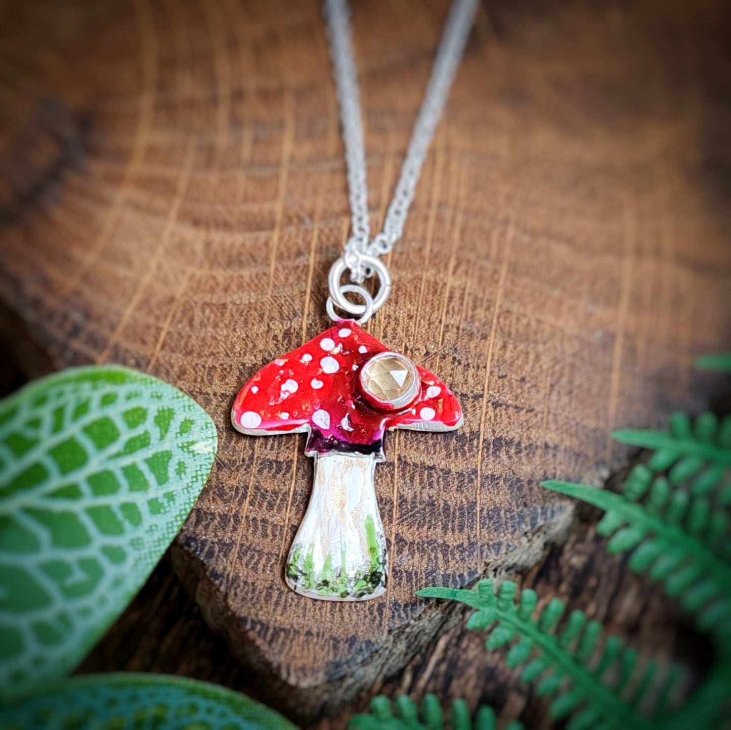 Red And White Mushroom Necklace with Citrine Gemstone
