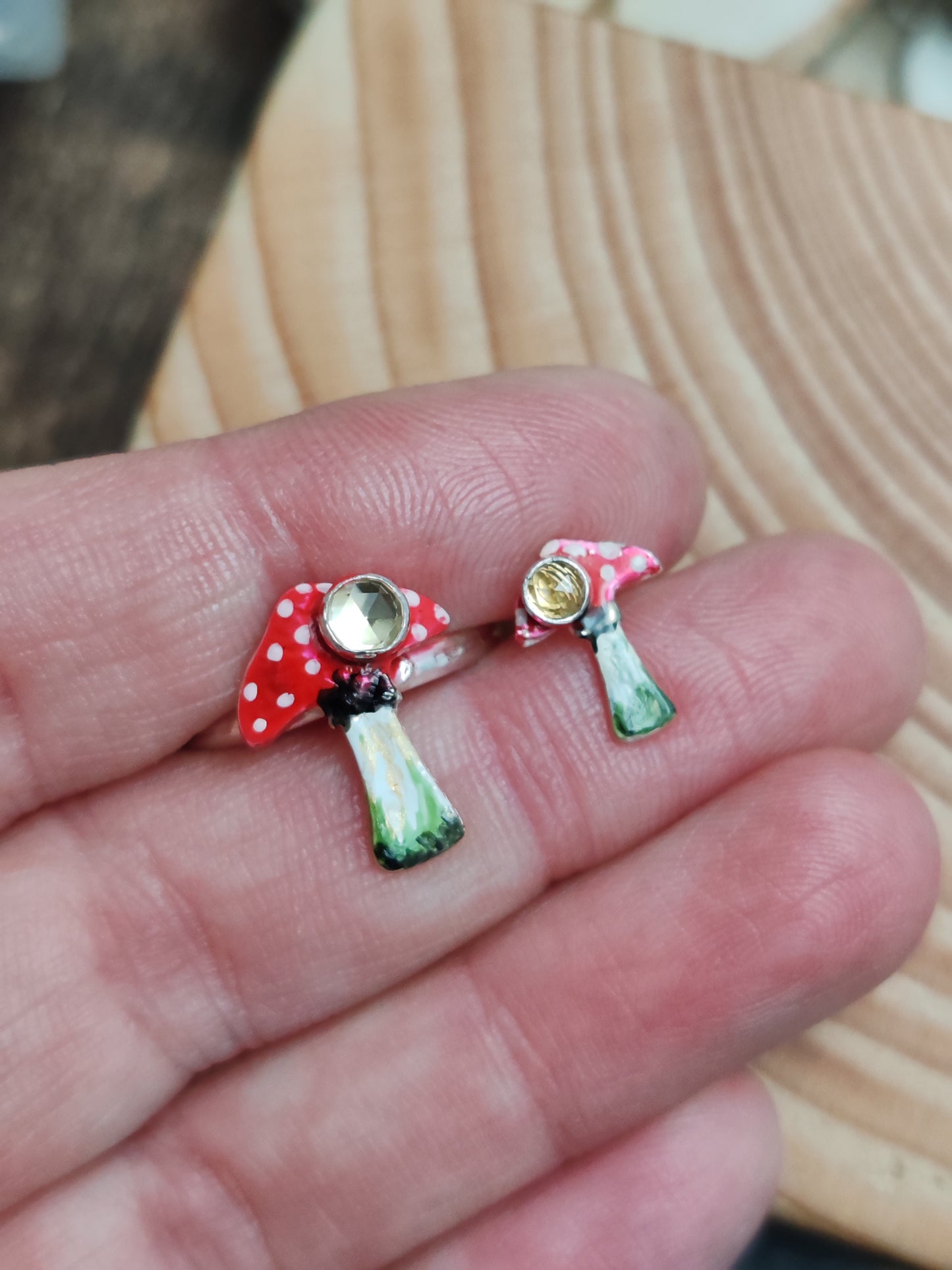 Small hand painted mushroom earrings on sterling silver hooks