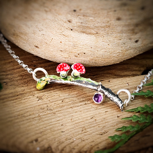 Hand Painted Mushroom Twig Necklace