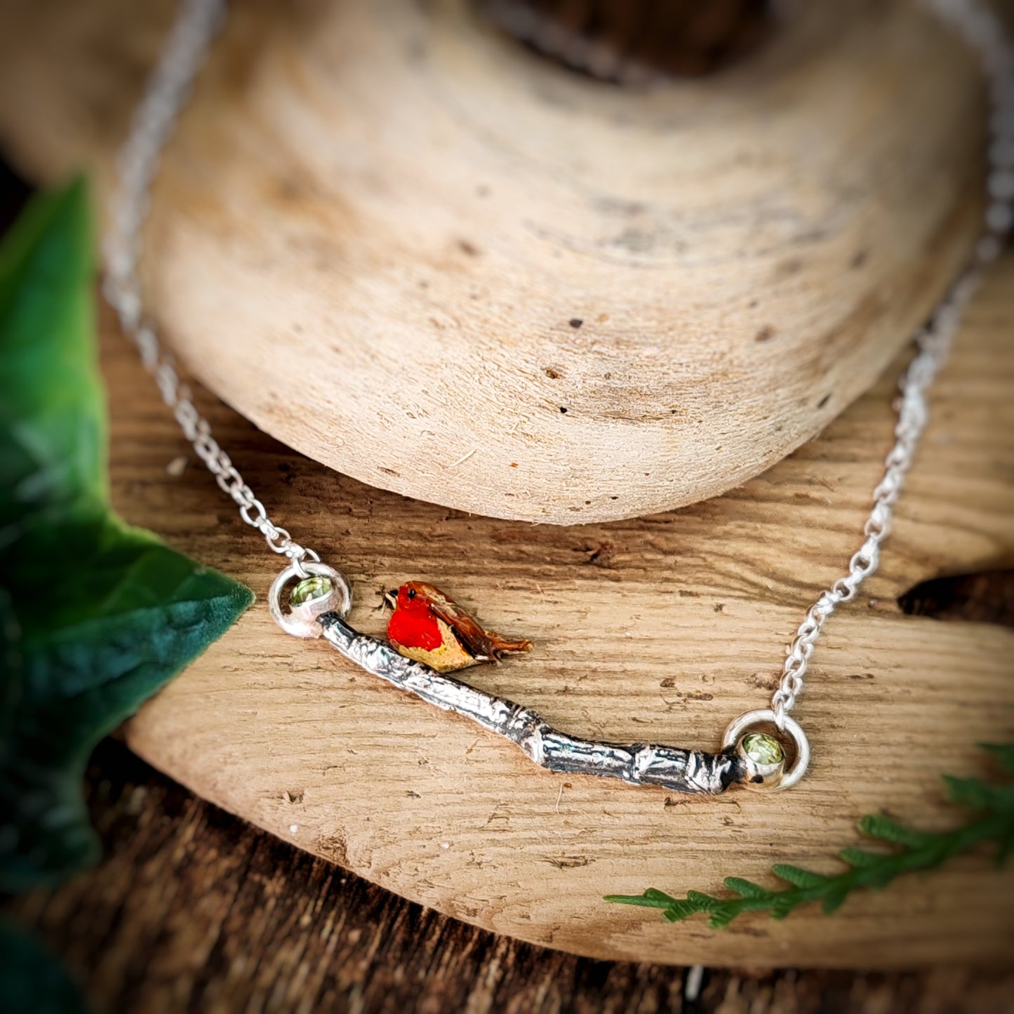 Hand Painted Robin Twig Necklace