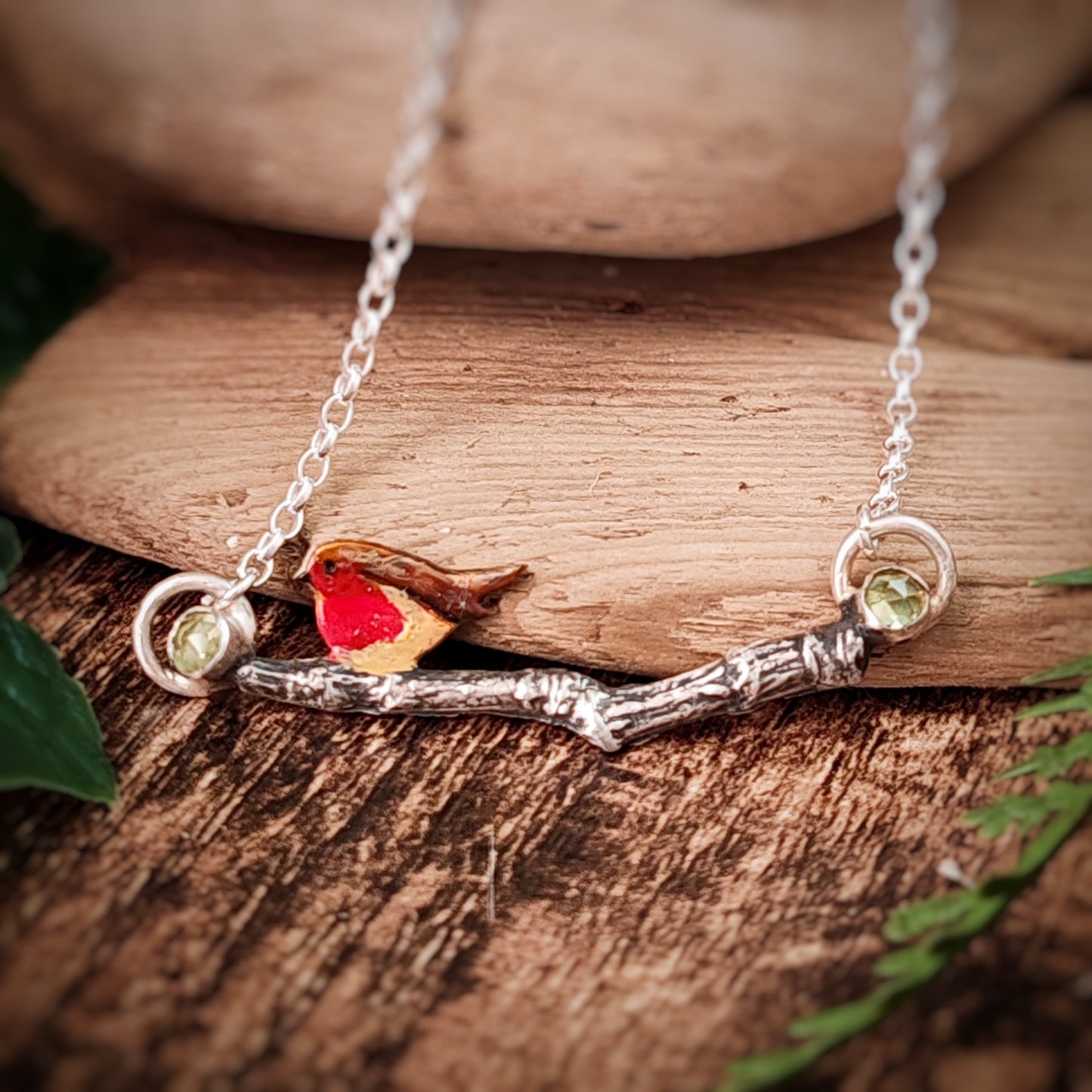 Hand Painted Robin Twig Necklace