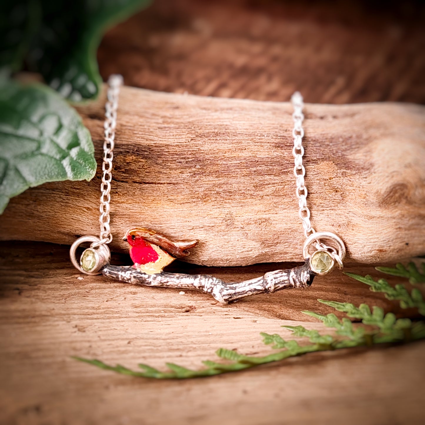 Hand Painted Robin Twig Necklace