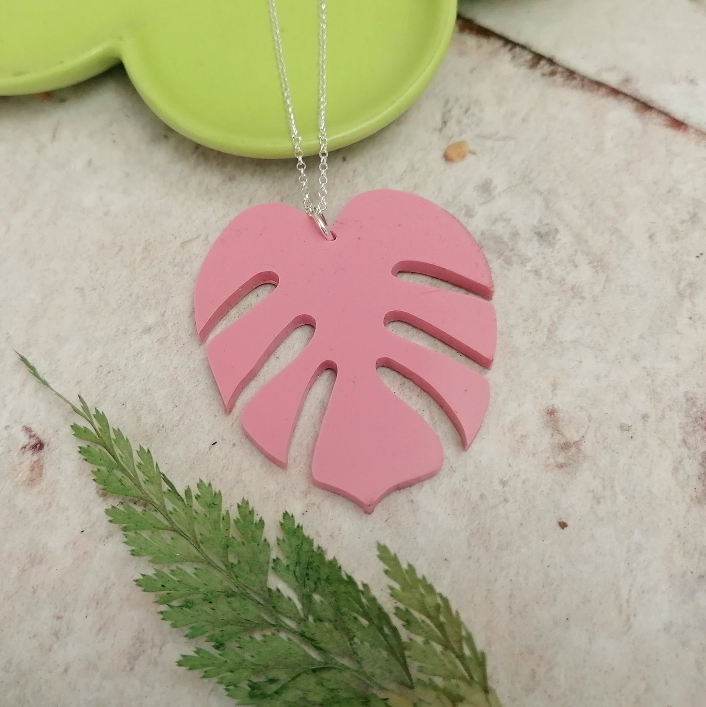 Silver And Resin Monstera Leaf Shaped Necklace