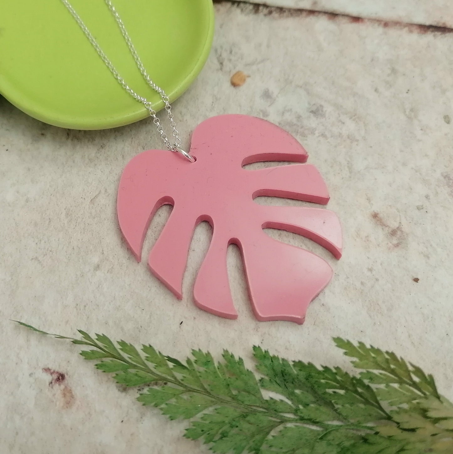 Silver And Resin Monstera Leaf Shaped Necklace