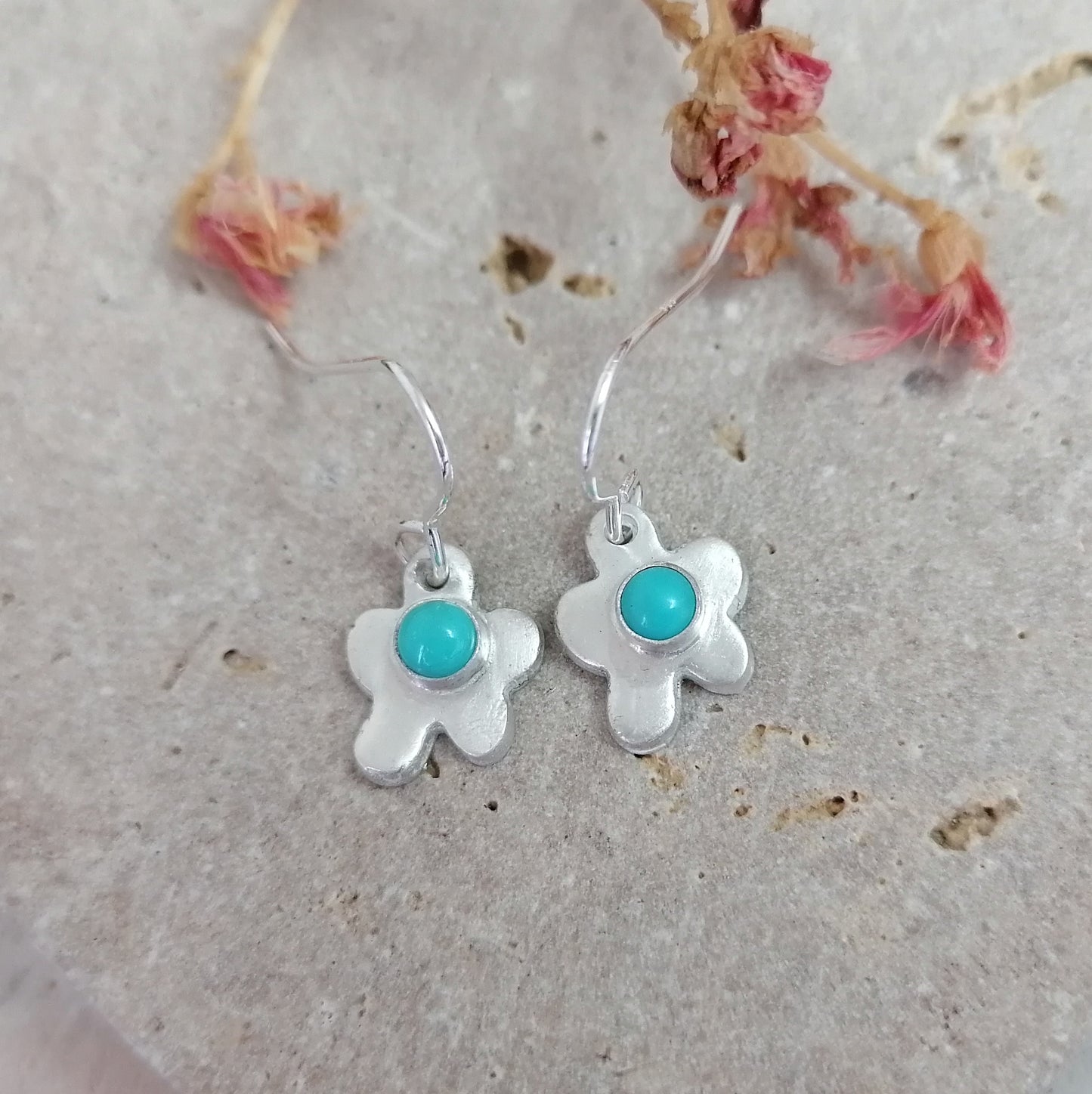 Organic Flower Dangle Earrings With Turquoise