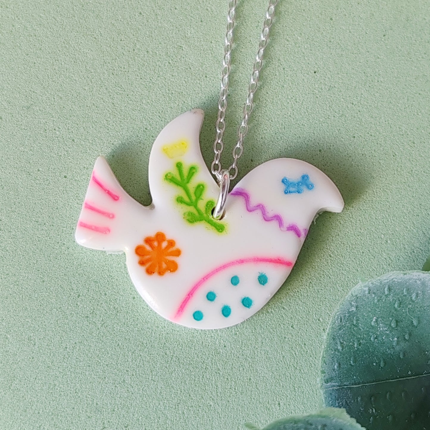 Folk Art Dove Necklace – Colourful Polymer Clay Bird Pendant on Sterling Silver Chain, Handmade Boho Jewellery Gift for Her