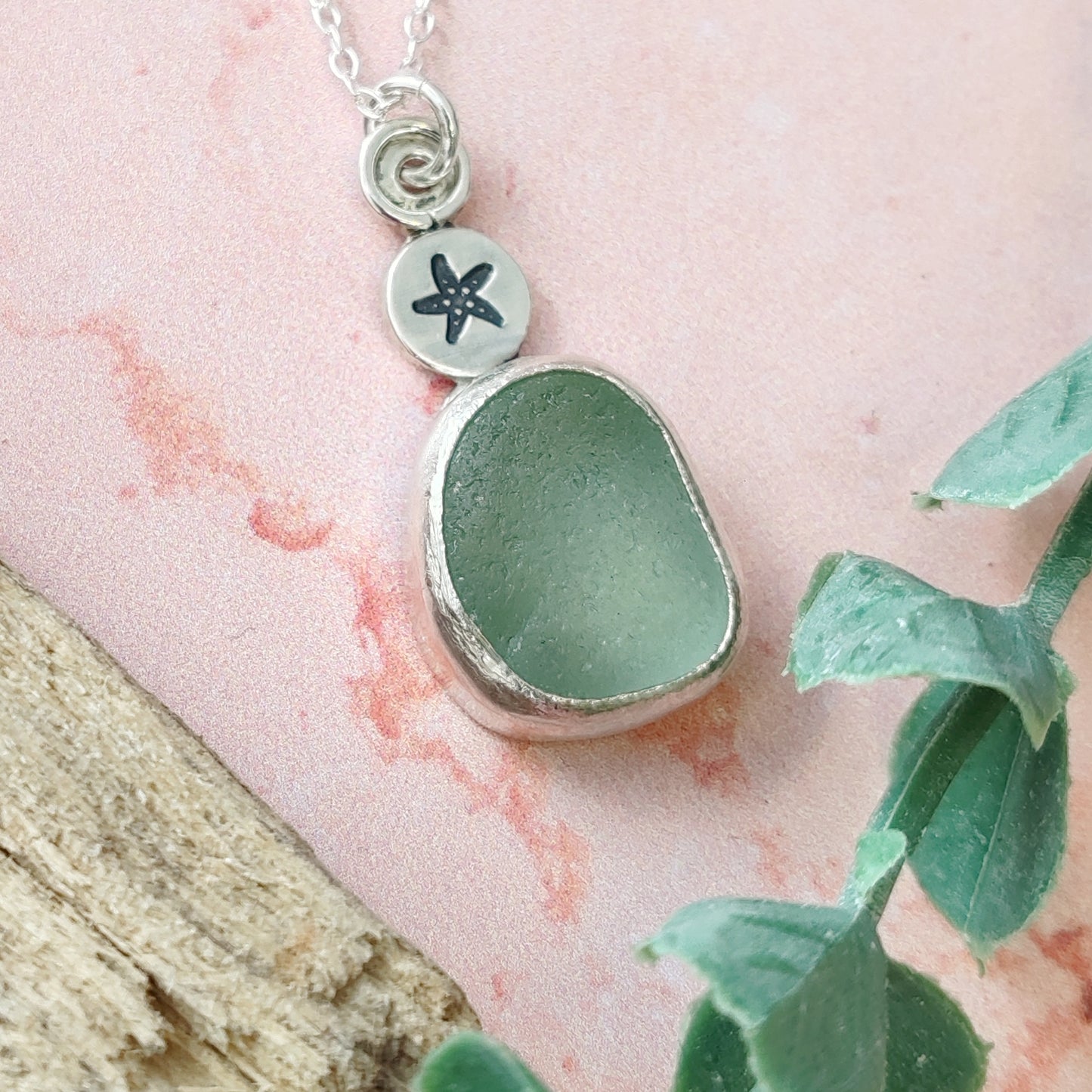 Seafoam Coloured Sea Glass Necklace With Starfish
