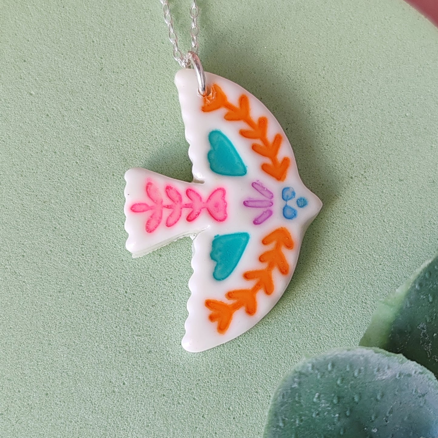 British Folk Art Bird Pendant – Polymer Clay & Sterling Silver Necklace – Handcrafted Whimsical Jewellery