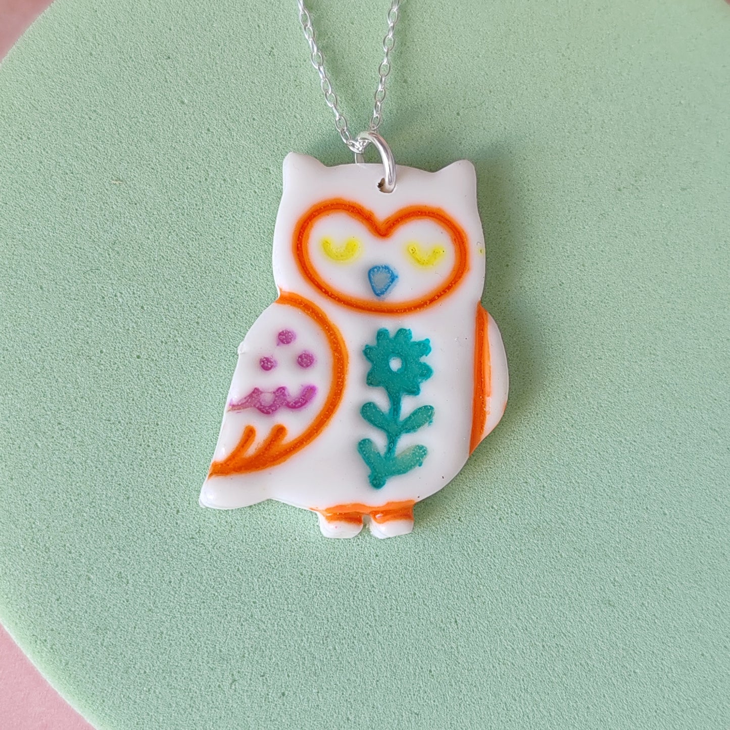 Handmade Polymer Clay Owl Necklace – Colourful Folk Art Pendant Jewellery