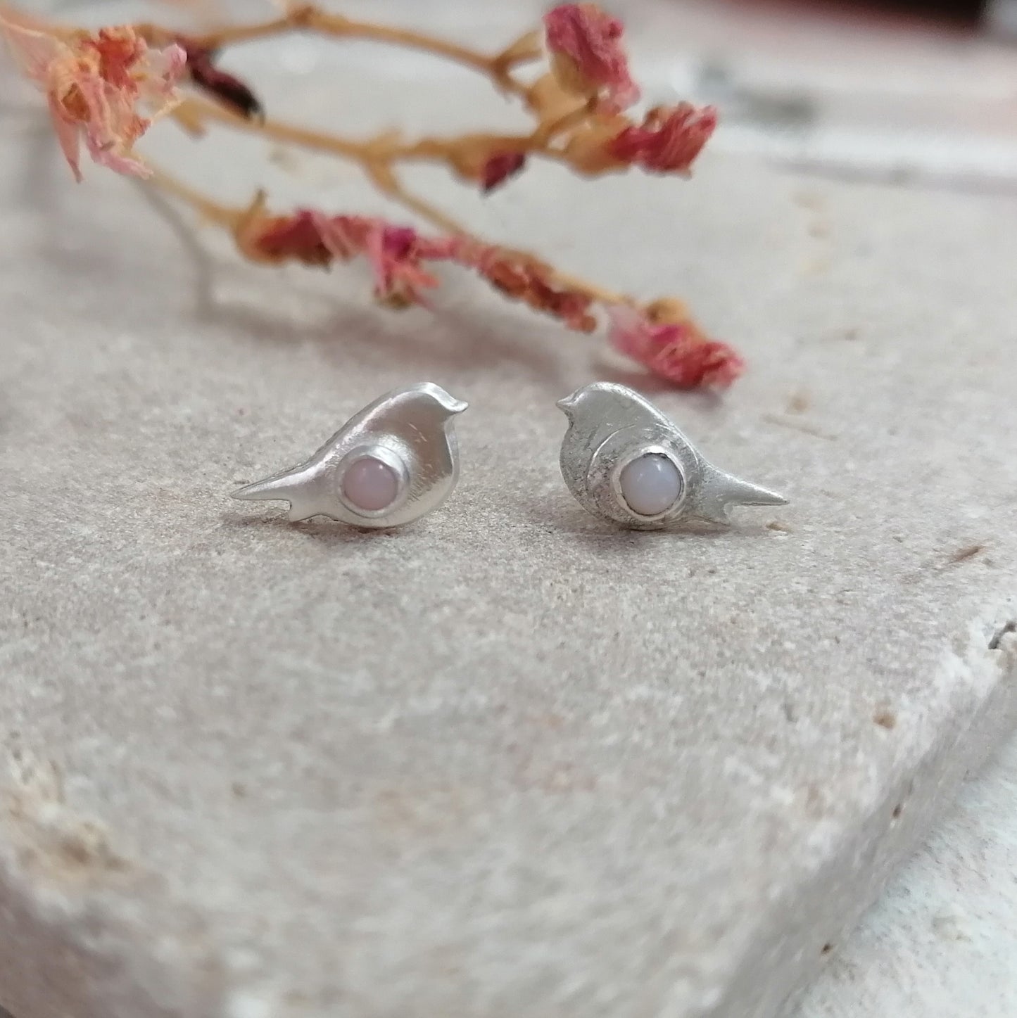 Bird And Pink Opal Stud Earrings