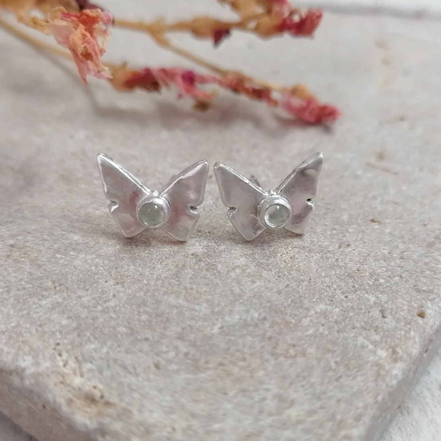Butterfly And Prehnite Stud Earrings