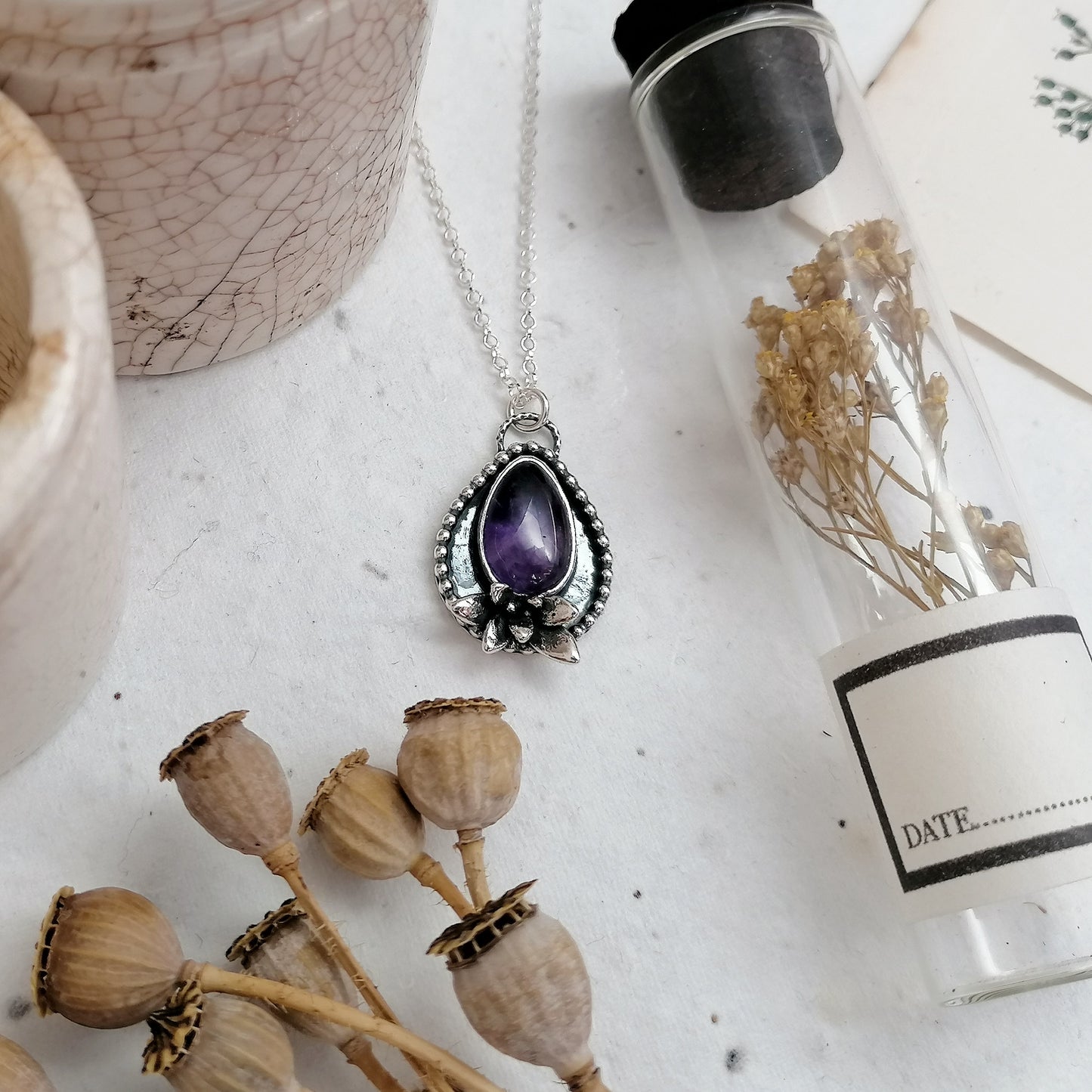 Amethyst and Succulent Shadowbox Necklace