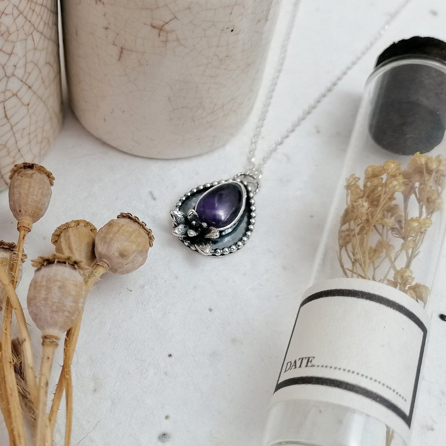 Amethyst and Succulent Shadowbox Necklace