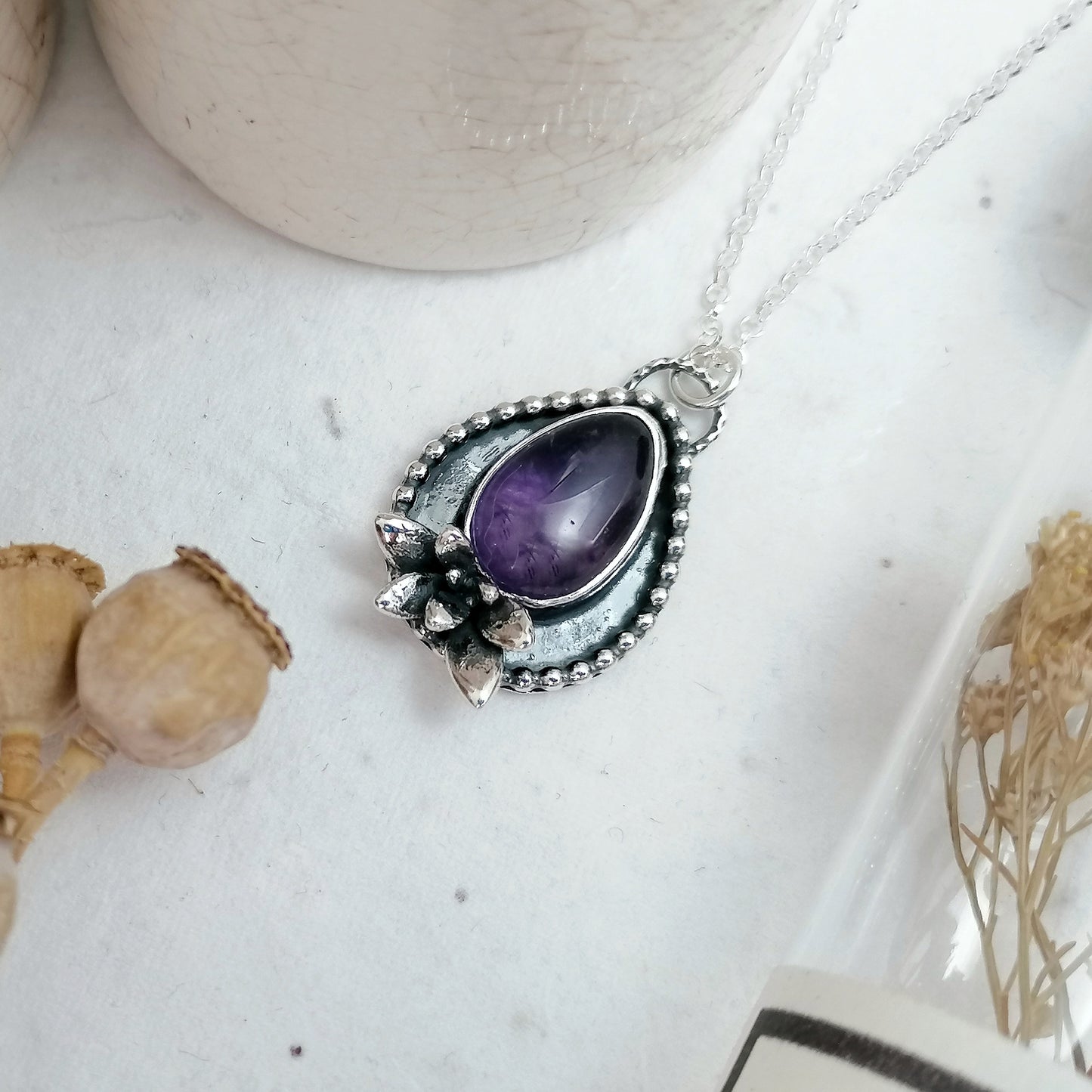 Amethyst and Succulent Shadowbox Necklace