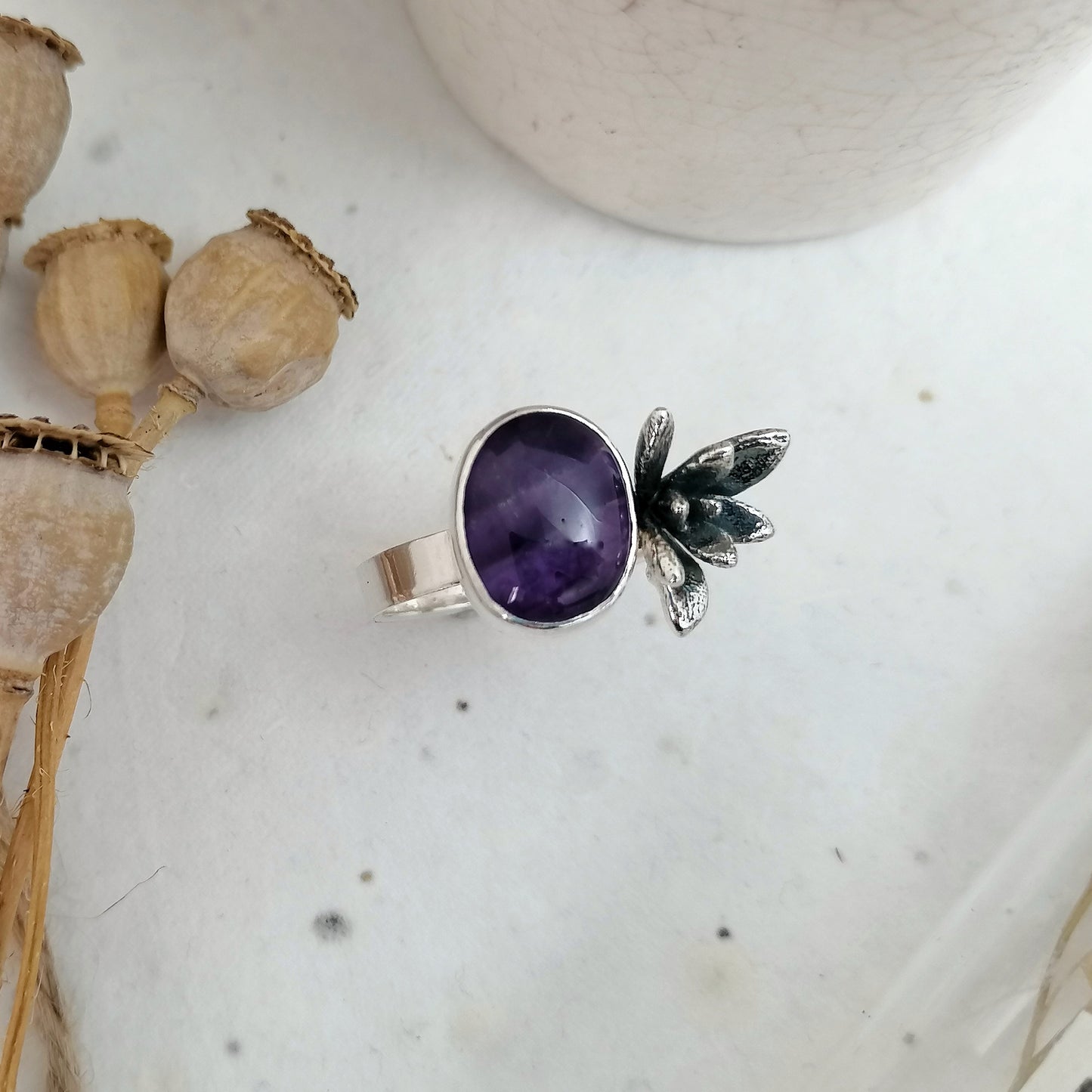 Amethyst and Succulent Ring size UK N US 6.5