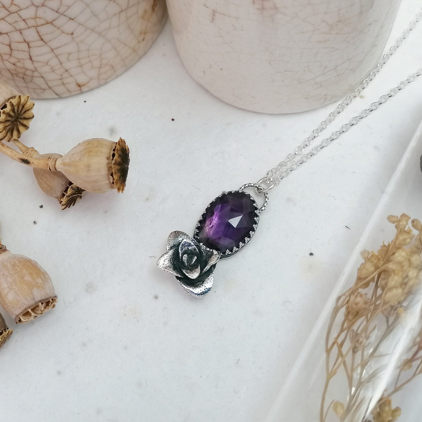 Amethyst and Rosette Succulent Necklace