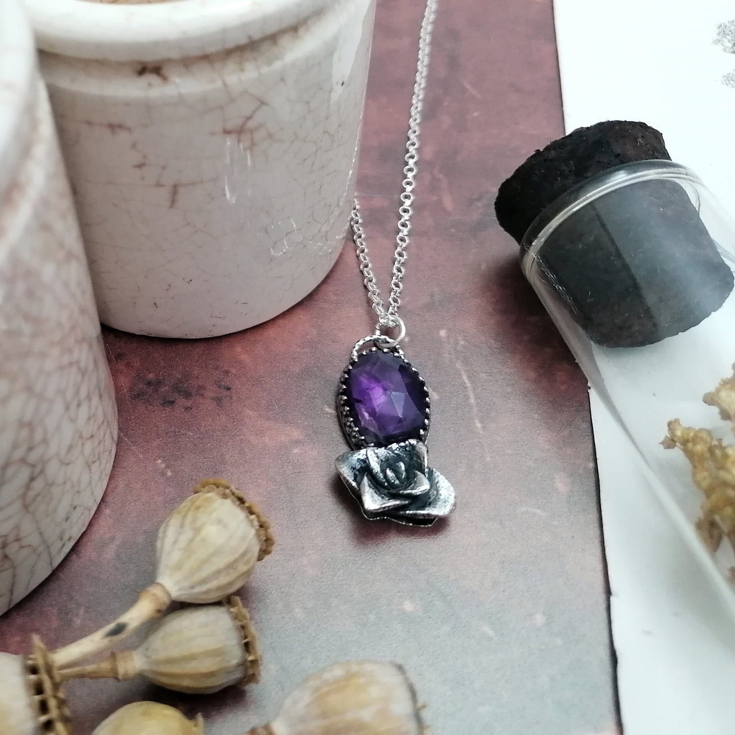 Amethyst and Rosette Succulent Necklace