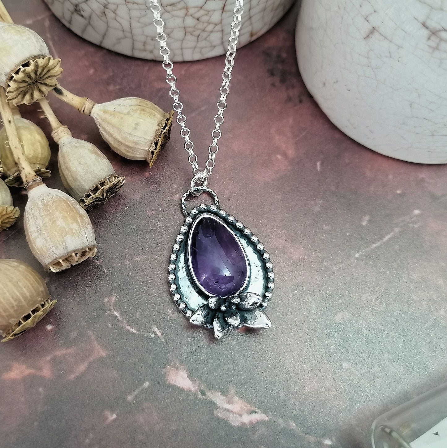 Amethyst and Succulent Shadowbox Necklace