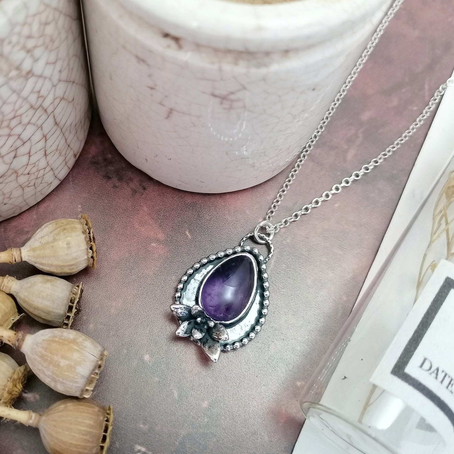 Amethyst and Succulent Shadowbox Necklace