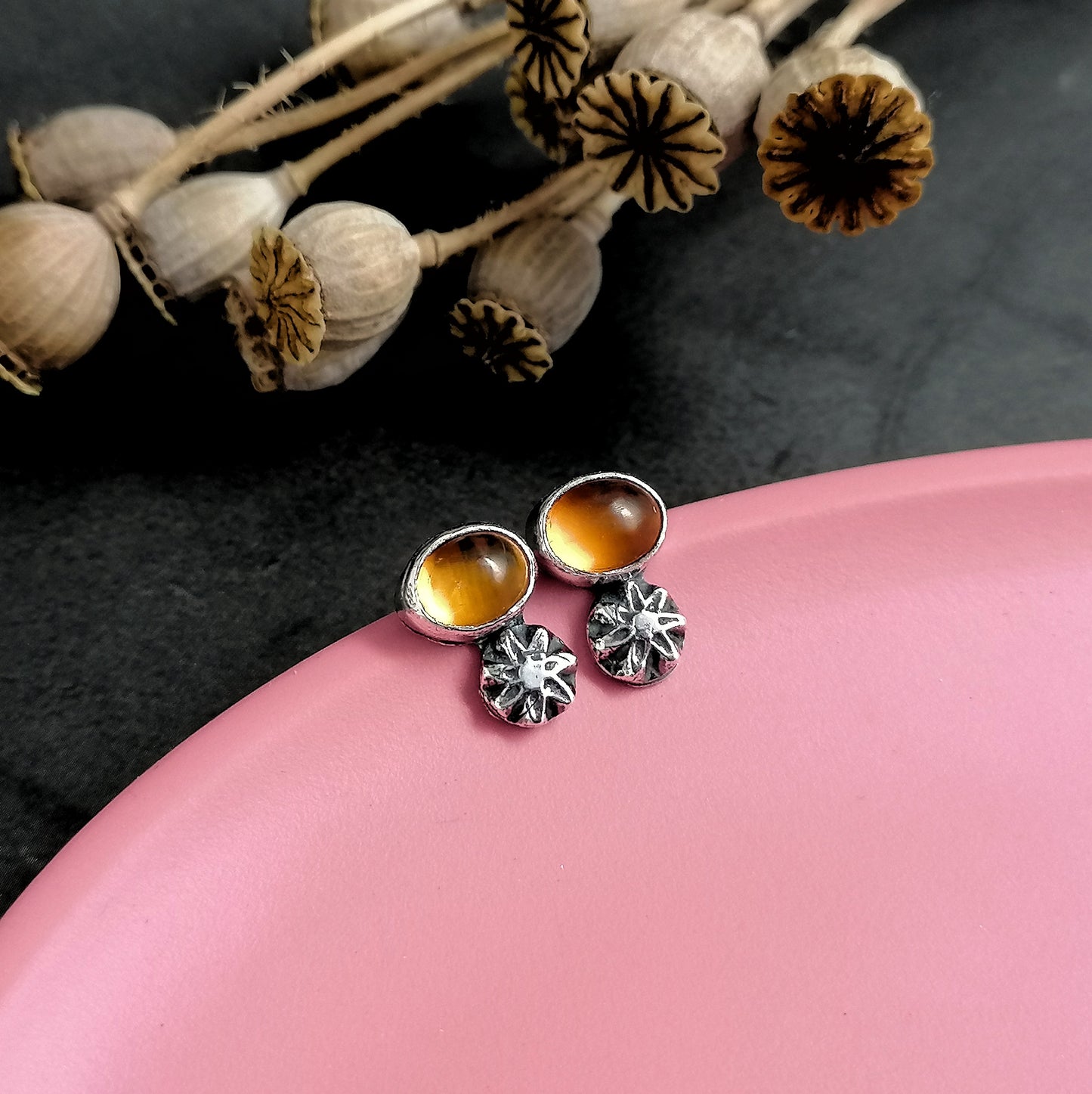 Amber and Rustic Flower Stud Earrings