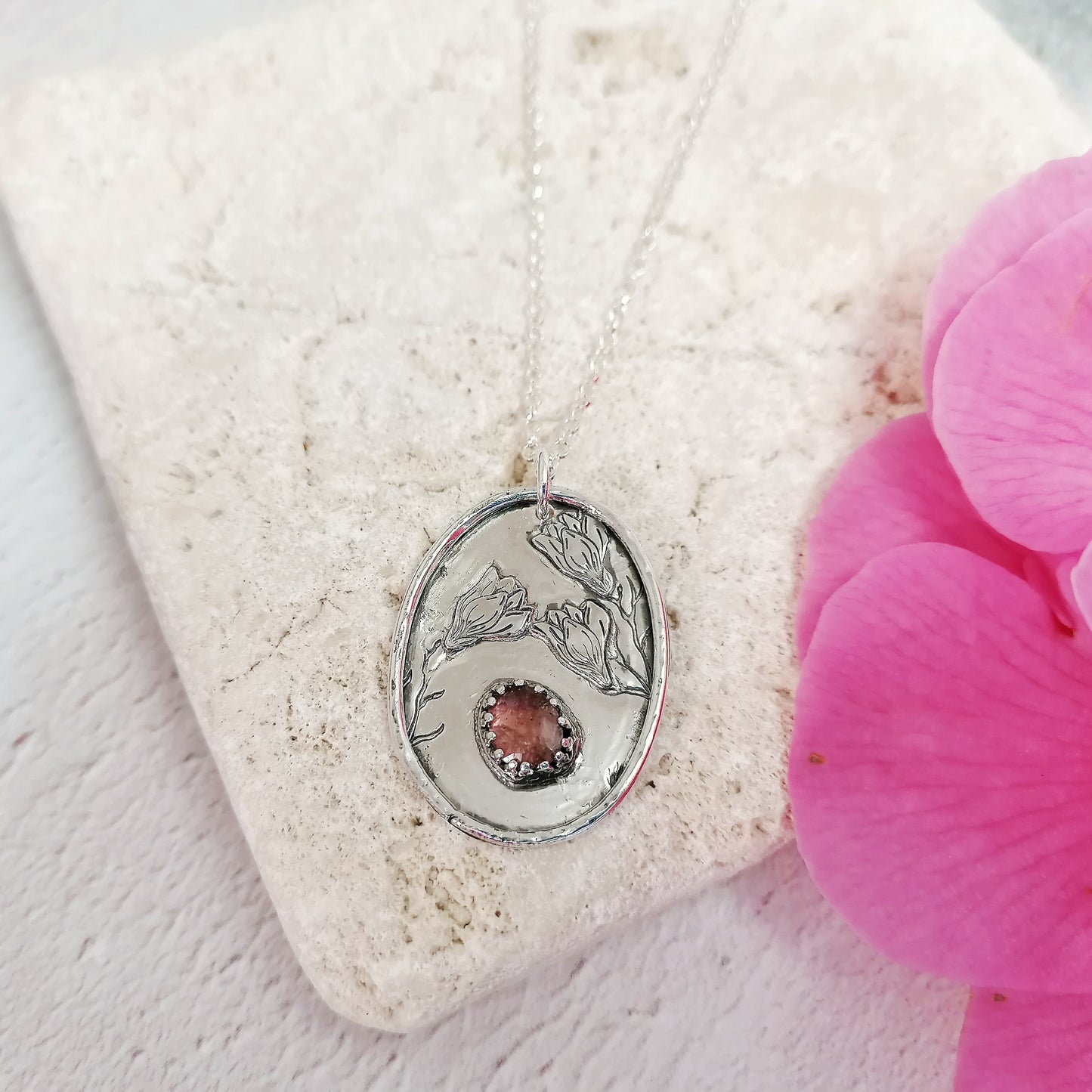 Magnolia Flowers and Tourmaline Necklace