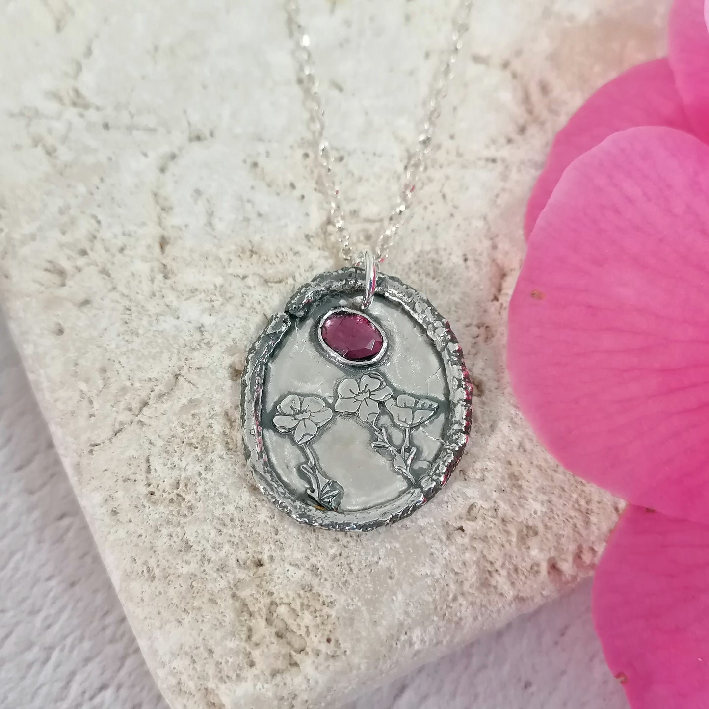 Forget Me Not and Garnet Necklace