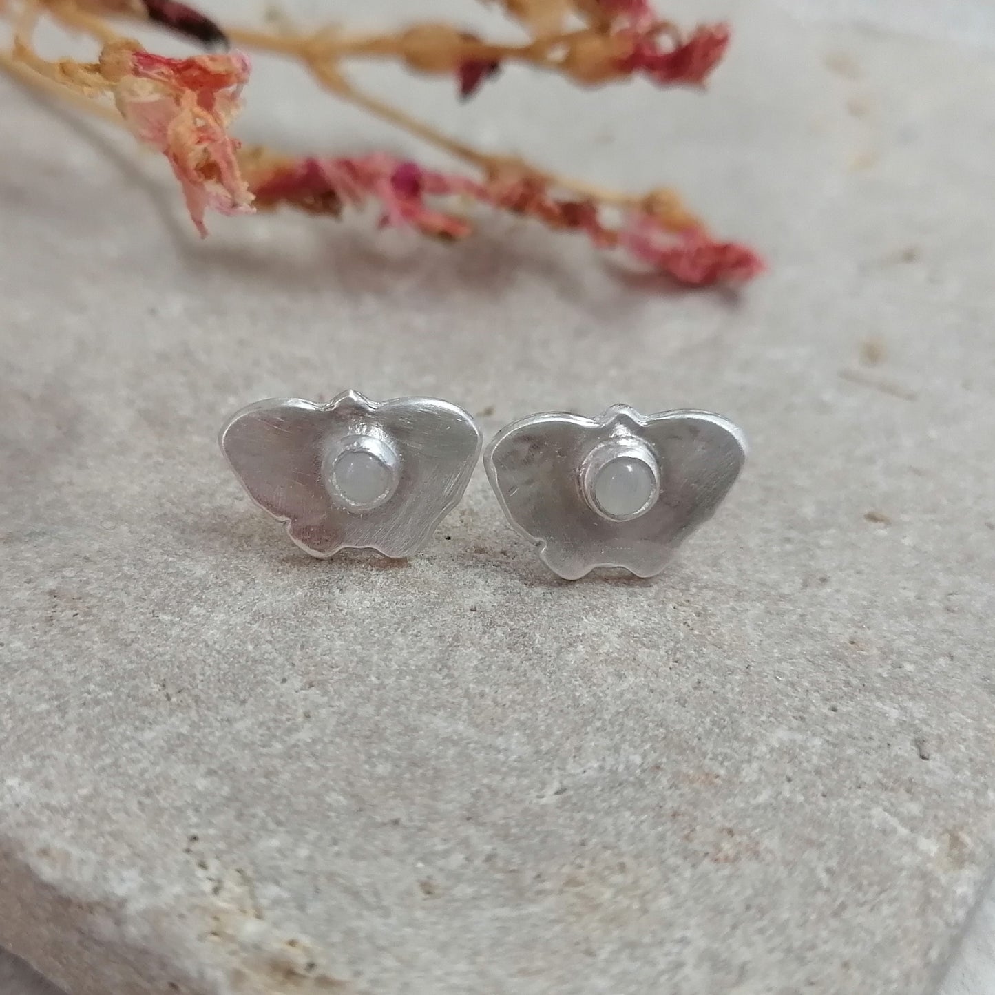 Moth And Rainbow Moonstone Stud Earrings