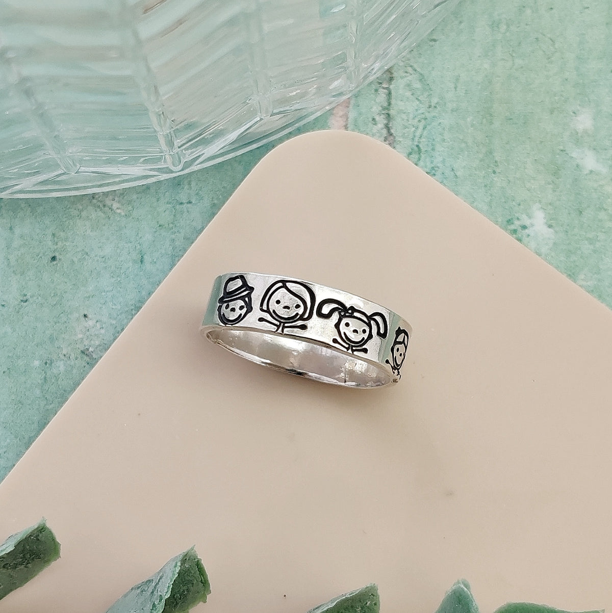 Personalised Family Faces Band Ring - Hand-Stamped Silver Jewellery