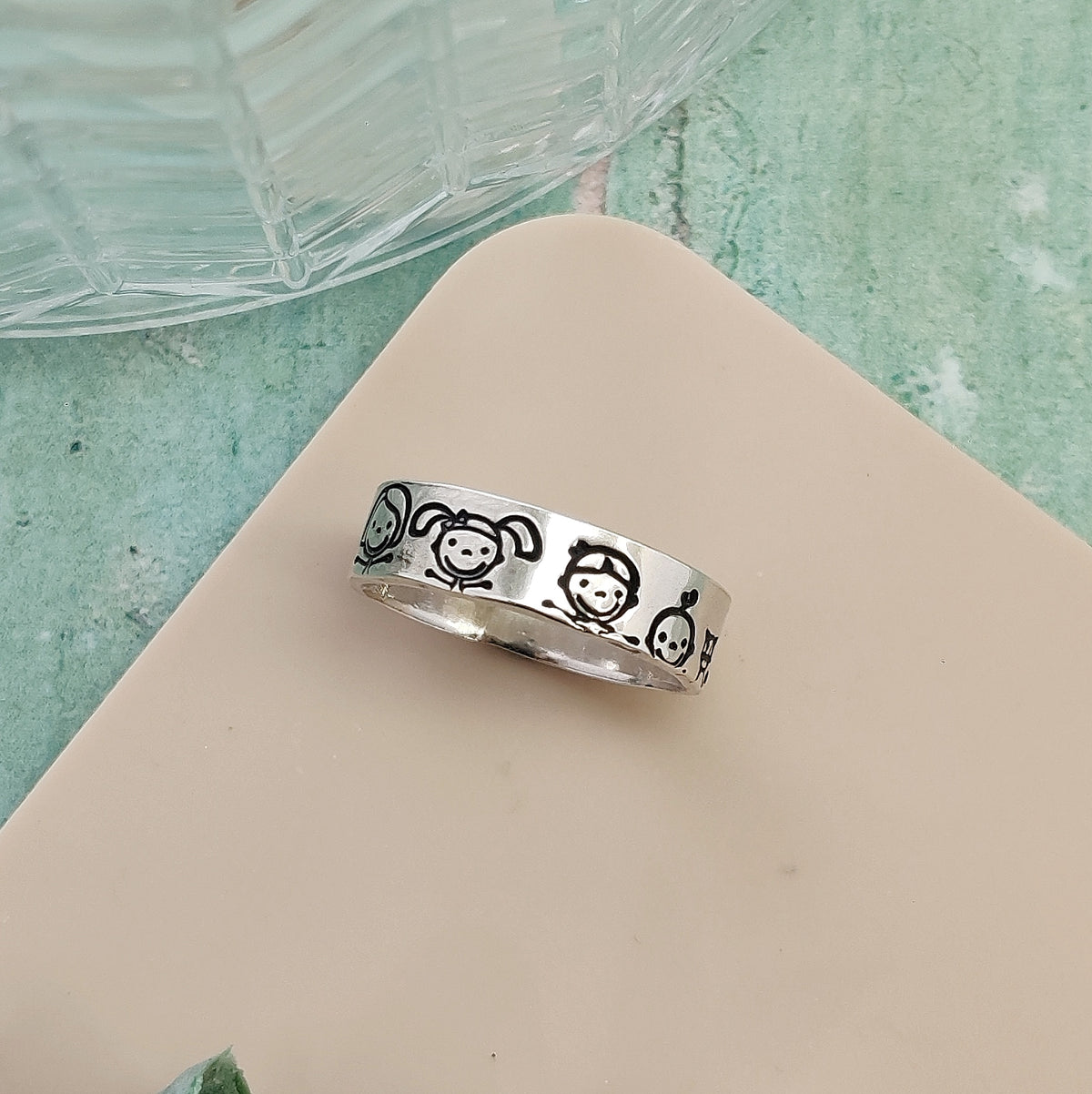 Personalised Family Faces Band Ring - Hand-Stamped Silver Jewellery