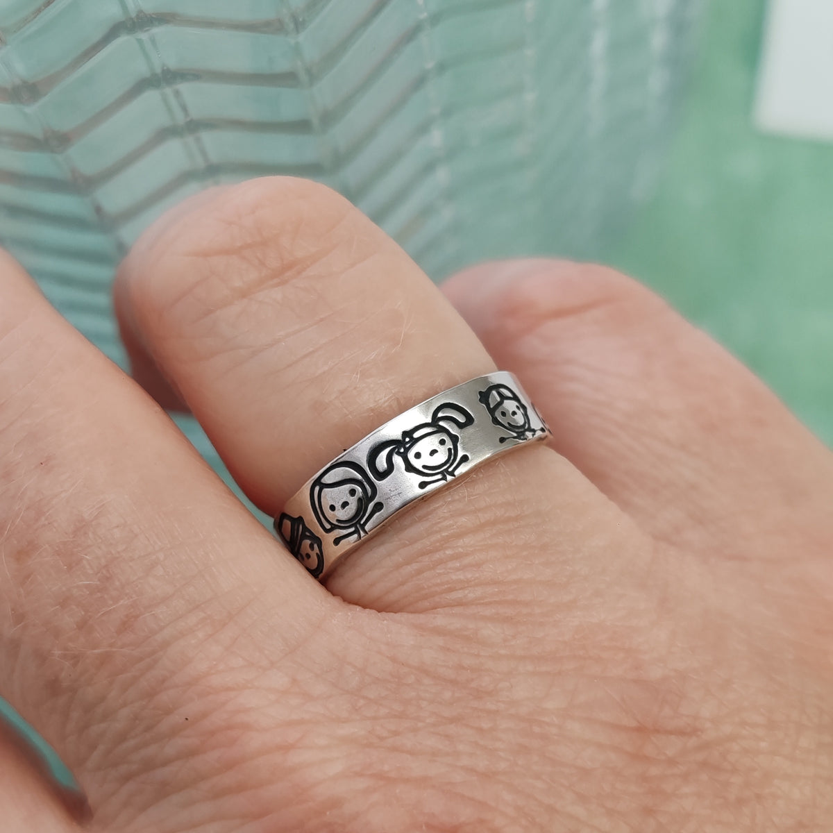 Personalised Family Faces Band Ring - Hand-Stamped Silver Jewellery