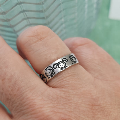 Personalised Family Faces Band Ring - Hand-Stamped Silver Jewellery