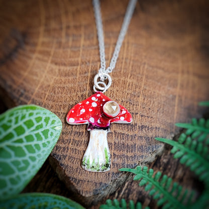 Red And White Mushroom Necklace with Citrine Gemstone