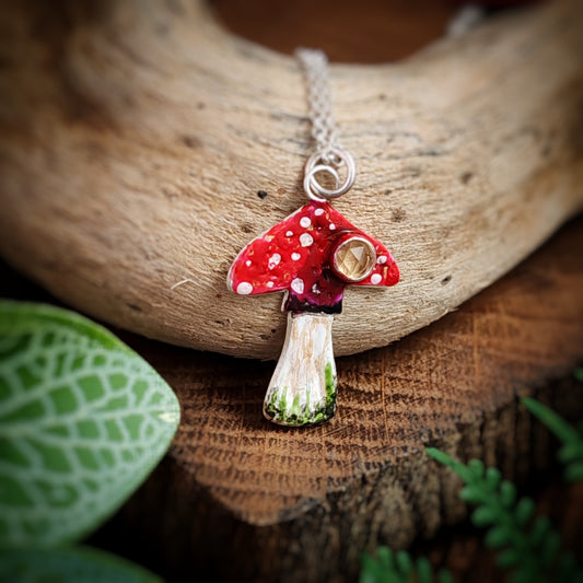 Red And White Mushroom Necklace with Citrine Gemstone