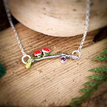 Hand Painted Mushroom Twig Necklace