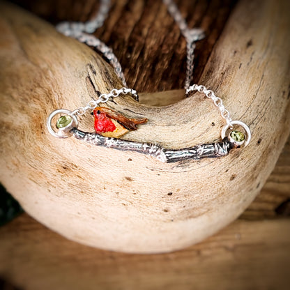 Hand Painted Robin Twig Necklace