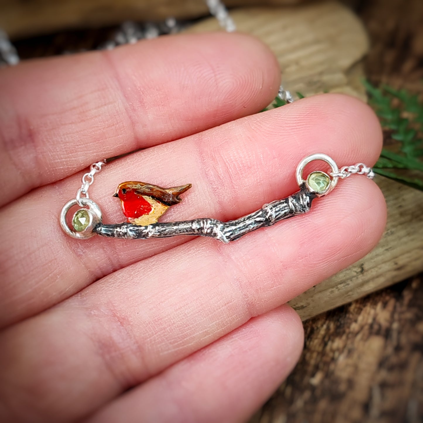Hand Painted Robin Twig Necklace