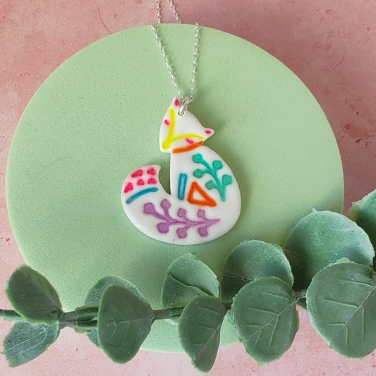 Handmade Polymer Clay Fox Necklace – Colourful Folk Art Pendant on Sterling Silver Chain