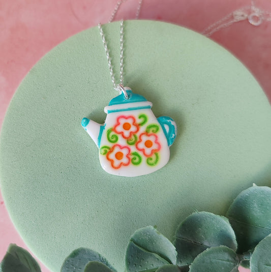 Handmade Polymer Clay Coffee Pot Necklace – Floral Folk Art Pendant on Sterling Silver Chain