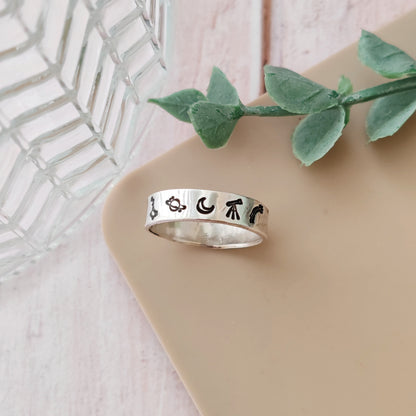 Stargazer Silver Ring | Celestial Astronomy Band | North Star Big Dipper Moon Saturn Ring | Handmade Sterling Silver
