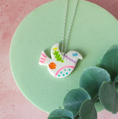 Folk Art Dove Necklace – Colourful Polymer Clay Bird Pendant on Sterling Silver Chain, Handmade Boho Jewellery Gift for Her
