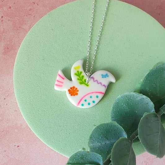 Folk Art Dove Necklace – Colourful Polymer Clay Bird Pendant on Sterling Silver Chain, Handmade Boho Jewellery Gift for Her