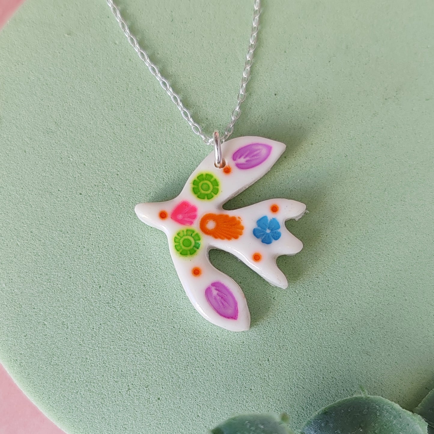 Colourful Folk Art Flying Bird Necklace – Handmade Polymer Clay Pendant on Sterling Silver Chain
