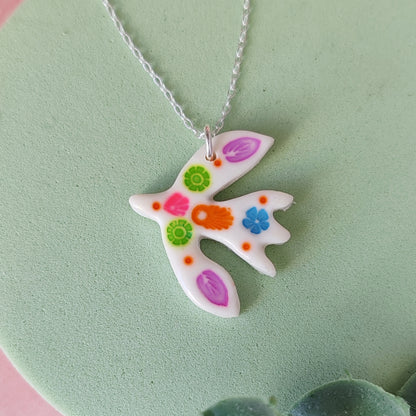 Colourful Folk Art Flying Bird Necklace – Handmade Polymer Clay Pendant on Sterling Silver Chain