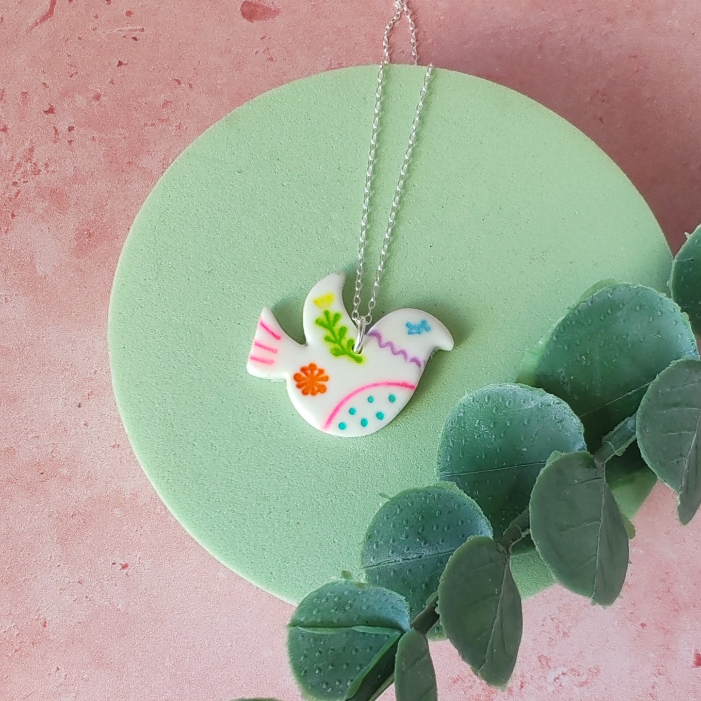 Folk Art Dove Necklace – Colourful Polymer Clay Bird Pendant on Sterling Silver Chain, Handmade Boho Jewellery Gift for Her