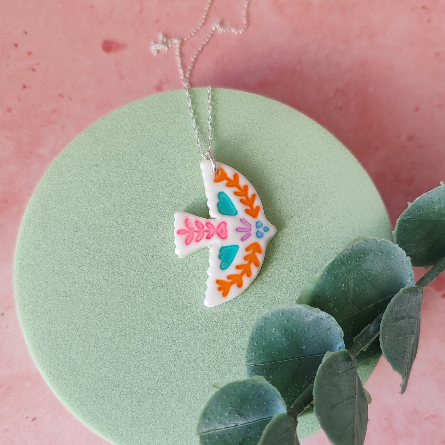 British Folk Art Bird Pendant – Polymer Clay & Sterling Silver Necklace – Handcrafted Whimsical Jewellery