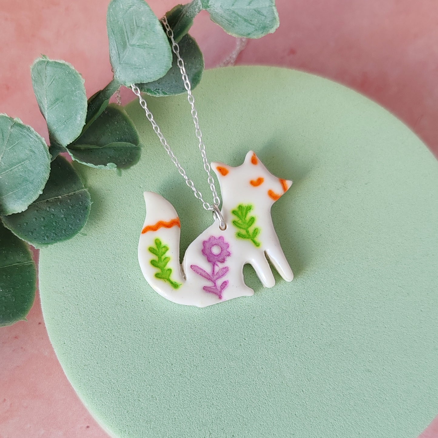 Handmade Polymer Clay Fox Necklace – Folk Art Pendant on Sterling Silver Chain