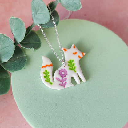 Handmade Polymer Clay Fox Necklace – Folk Art Pendant on Sterling Silver Chain
