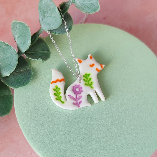 Handmade Polymer Clay Fox Necklace – Folk Art Pendant on Sterling Silver Chain